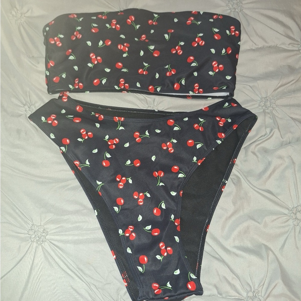 Cherry Print Black Bikini Set